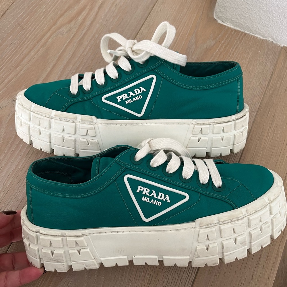 Prada Women's Double Wheel Platform Sneakers Nylon Green made in Italy